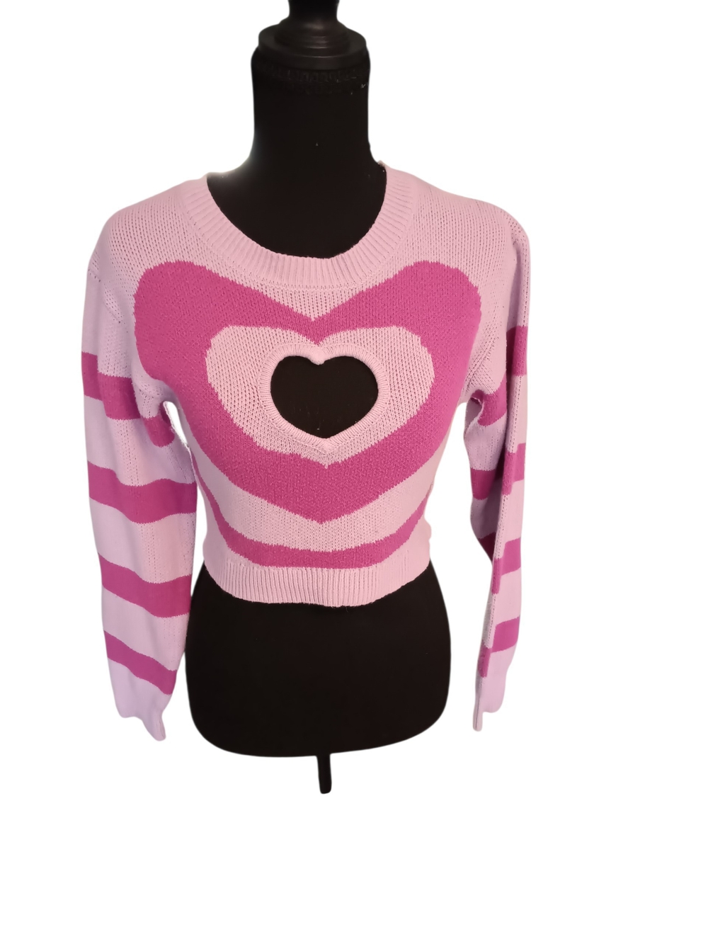 Blue Blush Pink Heart Cutout Striped Cropped Sweater